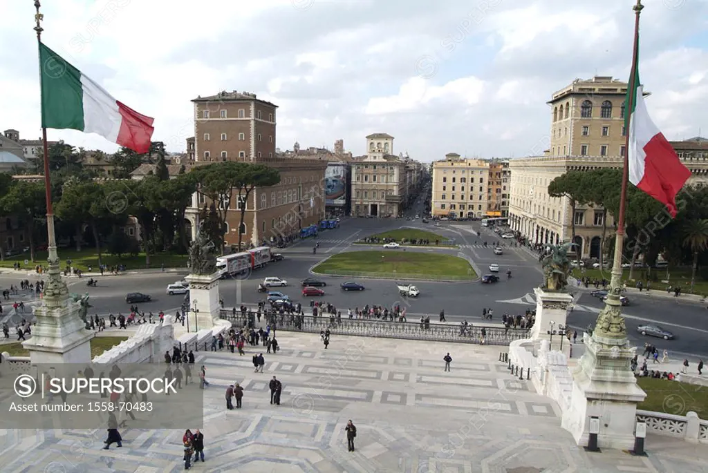 Italy, Rome, piazza Venezia, visitors,  National flags  Europe, region Latium, capital, sight, houses, buildings, monument Vittorio Emanuele II, touri...