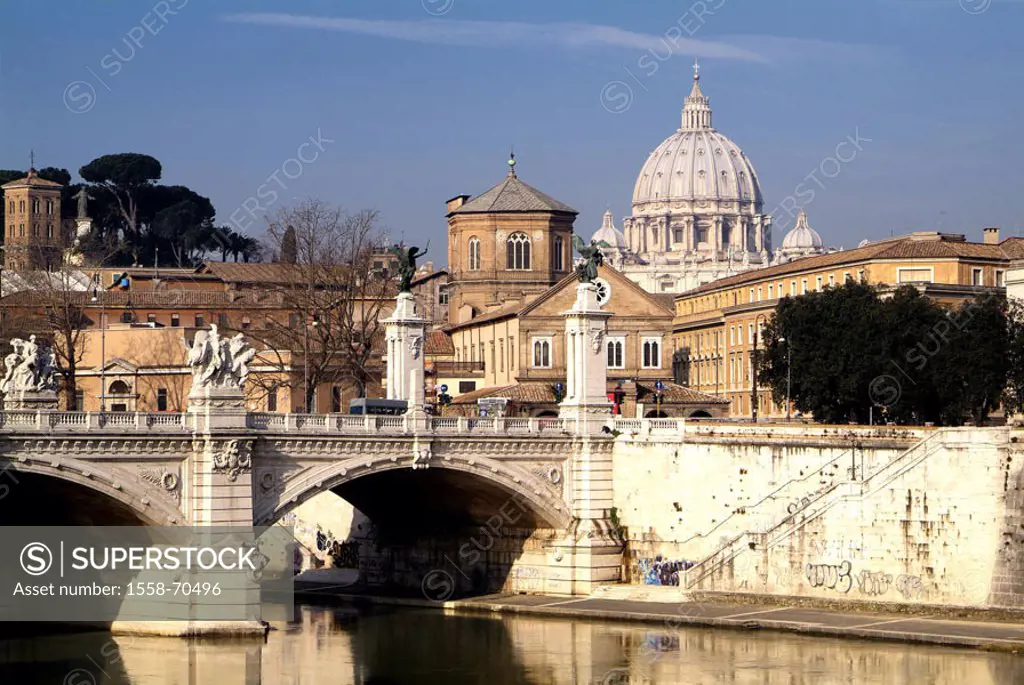 Italy, Rome, Ponte Sant´ Angelo,  Peter cathedral, river Tiber, Europe, region Latium, capital, sight, Vatican, San Pietro in Vaticano, Peter church, ...