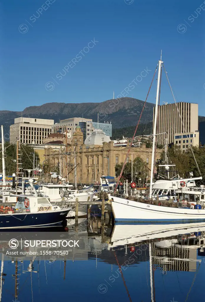 Australia, island Tasmania, Hobart,  view at the city, harbor,  Cityscape, houses, buildings, skyscrapers, fisher harbor, fisher boats, boats, aims, a...