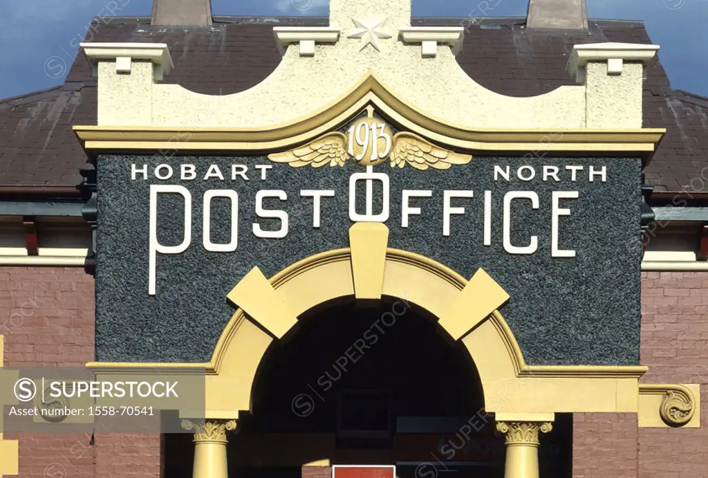 Australia, island Tasmania, Hobart,  Post buildings, facade, detail  House, buildings, mail, post office, Amtsgebäude, brick construction, sign, hint,...