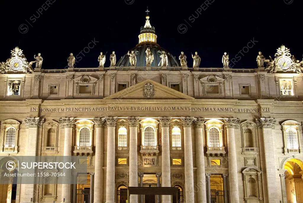 Italy, Rome, Vatican, Petersdom,  Detail, illumination, evening  Europe, region Latium, capital, Vatican city, sight, piazza San Pietro, Basilica di S...