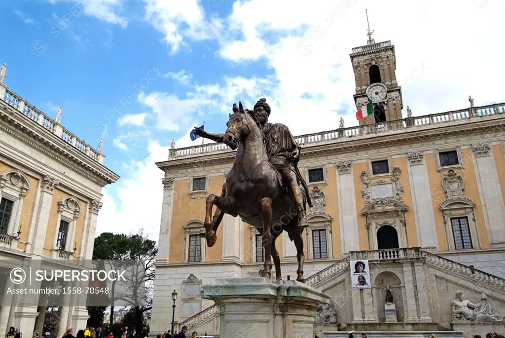 Italy, Rome, piazza Del Campidoglio,  Rider statue, Emperor Marc Aurel,  Senator palace Europe, region Latium, capital, sight, rider statue, statue, e...