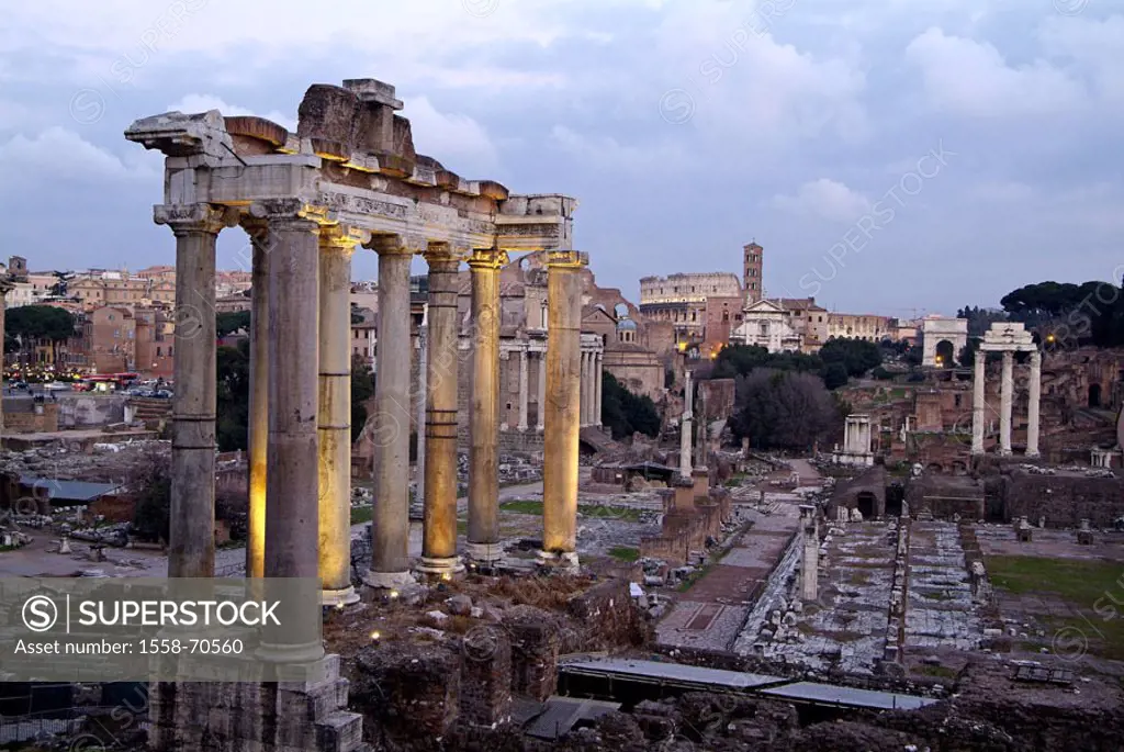 Italy, Rome, forum Romanum, ruin,  Temples of the Saturn, illumination,  Twilight Europe, region Latium, capital, sight, excavation place, remains, si...