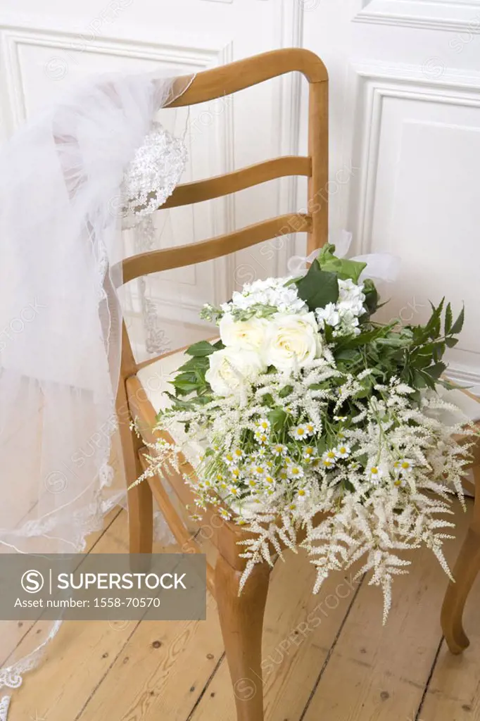 Rooms, wood chair, bride veils, Bride bouquet  Room door, closed, to, chair, chair rest, veils,  Flower bouquet, flowers, symbol, wedding, preparation...