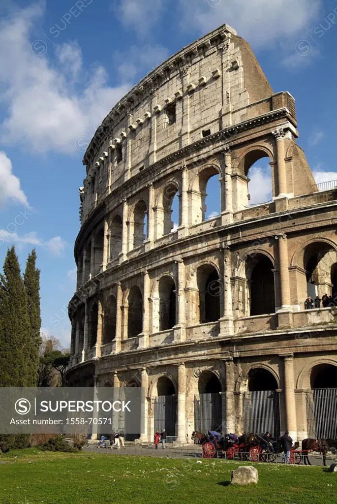 Italy, Rome, coliseum, detail,   Europe, region Latium, capital, ruin, Coliseo, Flavisches amphitheaters, formerly Wettkampfarena, facade culture cons...