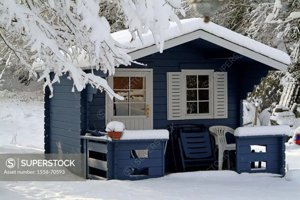 Summerhouse, snow-covered,   framehouse, wood cottage, little houses, little summerhouse, green, season, winters, snow, garden, trees, private