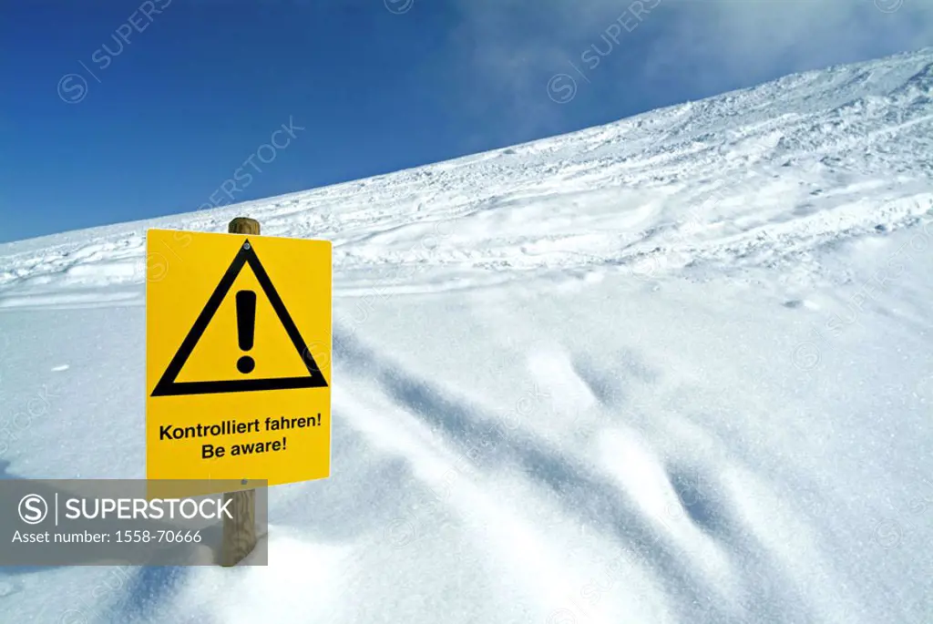 Skipiste, warning sign, respect   Skigebiet, winter sport area, hint, sign, warning, invitation, ´controlled drives!´, yellow, bilingual, snow, season...