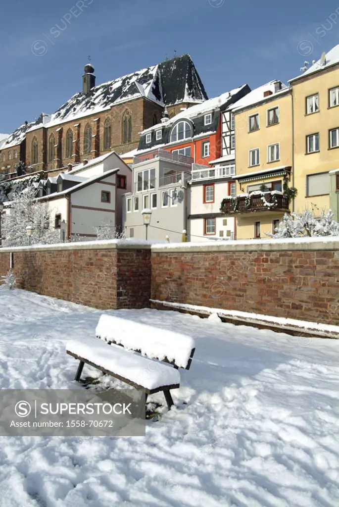 Germany, Rhineland-Palatinate, Saarburg,  Sub city Staden, Laurentiuskirche,  Park bank, snow-covered, Europe, view at the city, houses, residences, c...
