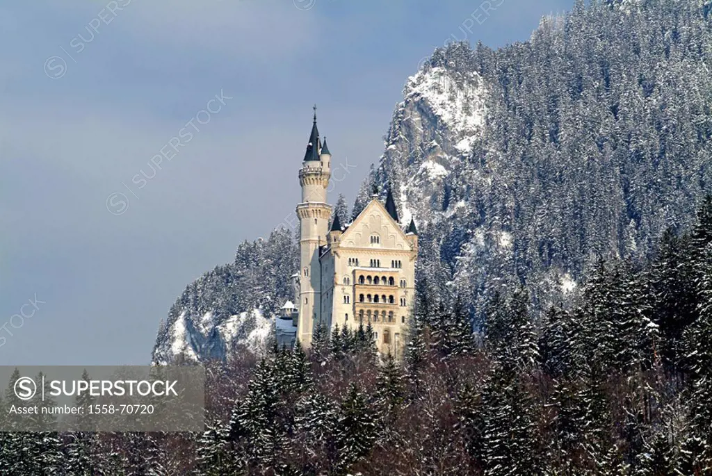 Germany, Bavaria, palace  Neuschwanstein  Europe, Southern Germany, Allgaeu, OberAllgaeu, destination, destination, Schwangau, mountain, rise, 964 m, ...