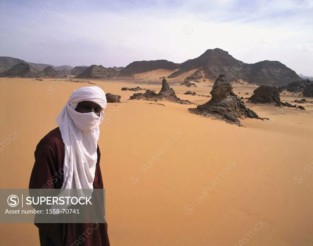 Libya, Acacus mountains, desert, Tuareg Africa, North Africa, Jebel Acacus, Acacus-Gebirge, Akakus-Gebirge, Djebel, Sahara, sand desert, rock formatio...