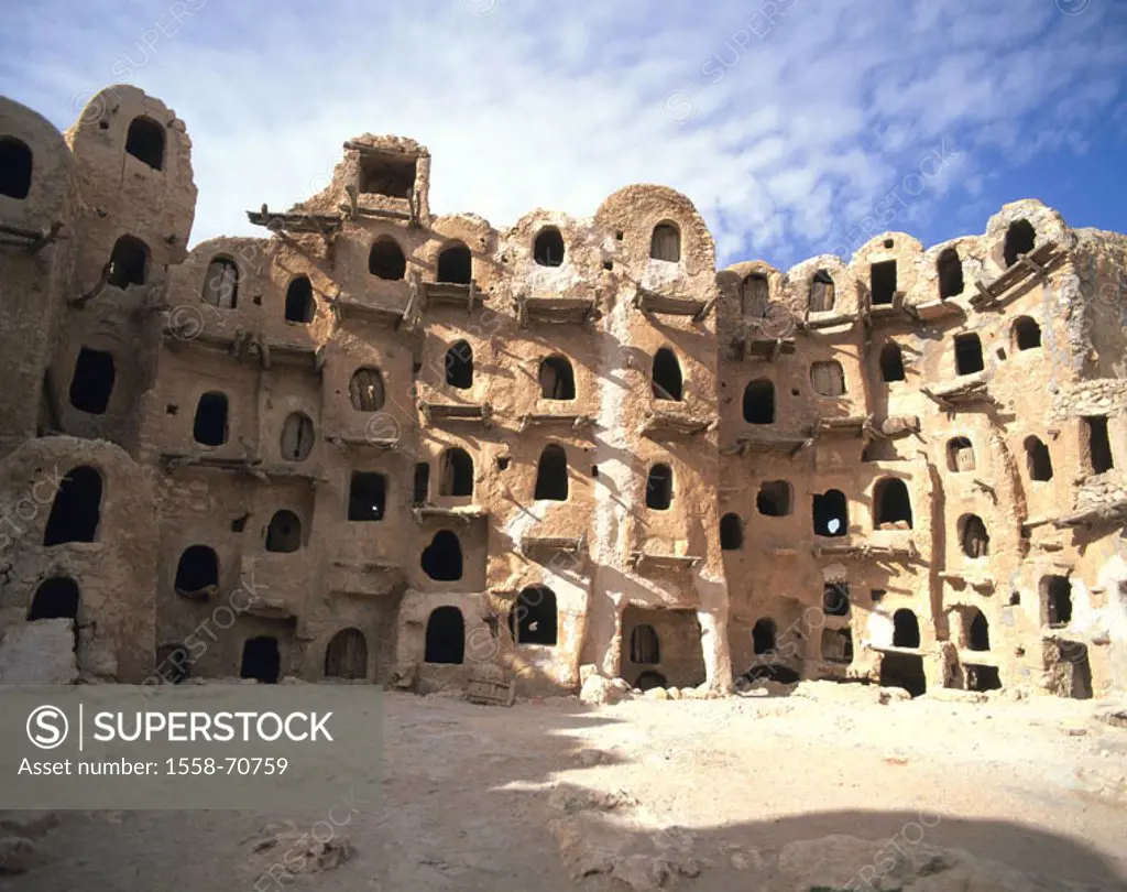 Libya, Jebel Nafusa, Kabaw,  Storage castle, detail,  Africa, North Africa, Djebel Nefusa, castle, ´Qasr al-Haj´,  Construction, storage construction,...