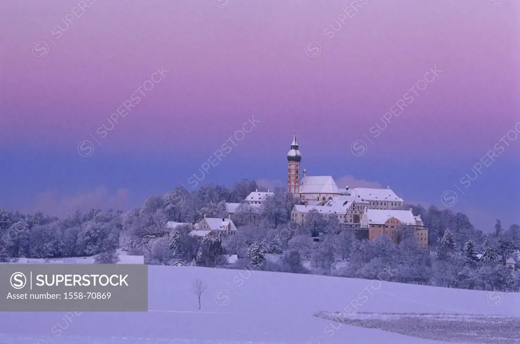 Germany, Upper Bavaria, Andechs, Benedictine Convent, evening mood, Winters Bavaria, place of pilgrimage, cloister installation, cloister Andechs, chu...