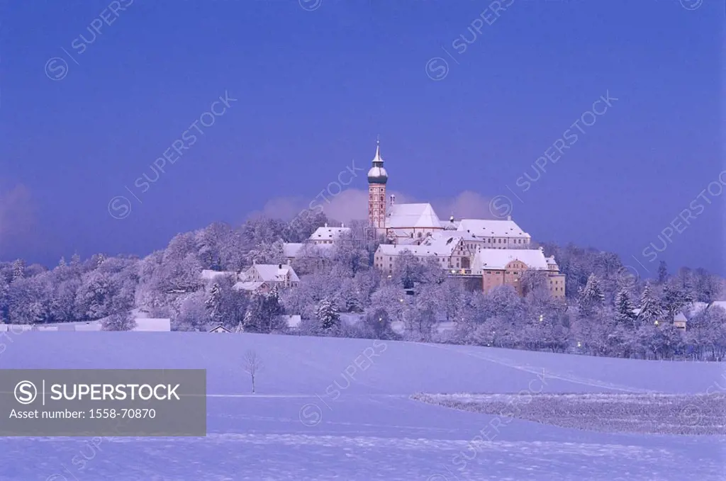 Germany, Upper Bavaria, Andechs, Benedictine Convent, twilight, Winters Bavaria, place of pilgrimage, cloister installation, cloister Andechs, church,...