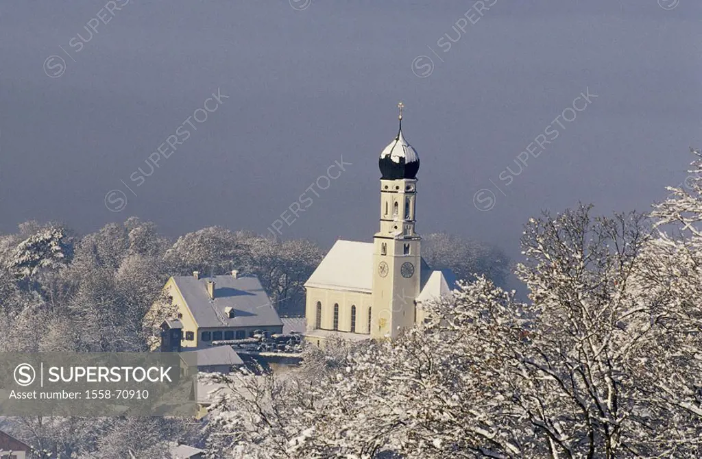 Germany, Upper Bavaria, Pähl, skyline, church, winters  Bavaria, place, close to Weilheim, parish church, houses, snow-covered, wintry, rural