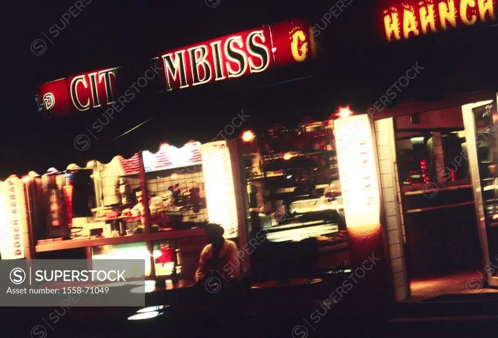 Germany, Berlin, ´city snack´, Illumination, night,  Locally, sale, food, , snack bar,  Snack, nutrition, unhealthily, meal, Junkfood, economy