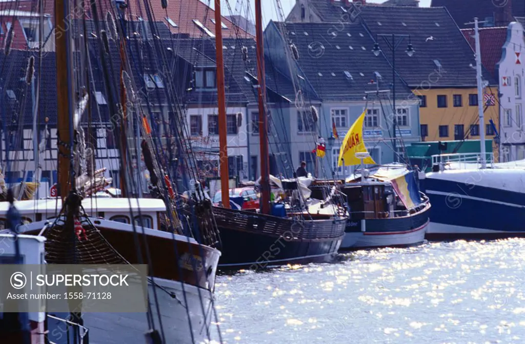 Germany, Mecklenburg-Western Pomerania, Wismar, harbor, sailboats  East Germany, Baltic sea, view at the city, houses, residences, facades, colorfully...