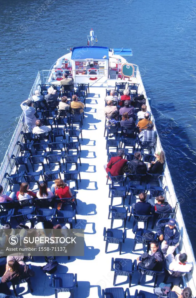 River, trip boat, detail, deck,  Tourists, from above  Waters, tourist boat, ship, shipping, boat tour, sightseeing, river shipping, attraction, touri...