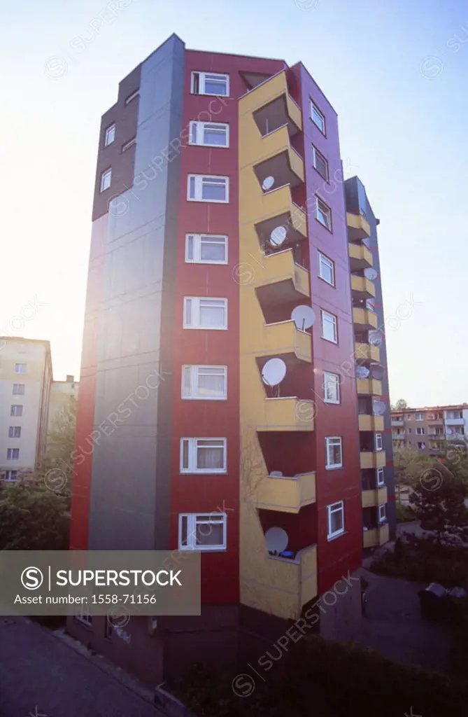 Germany, Berlin, Kreuzberg, Residential area, high-rise, back light  Residence, multilevel, facade, in two colors, Floors, floors, balconies, satellit...