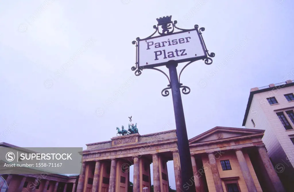Germany, Berlin, sign ´Parisians Place´, Brandenburg gate, detail  Torgebäude, gate construction, architecture, construction, inherits. in honor of Du...