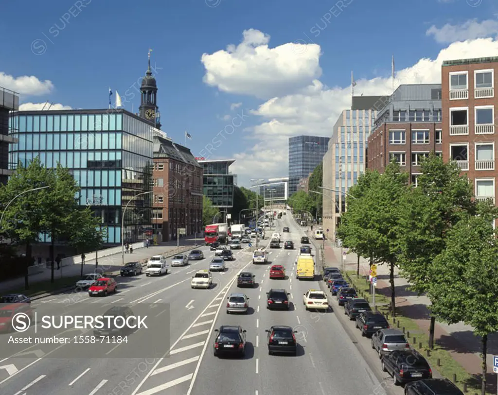 Germany, Hamburg,  Ludwig-Erhard-Straße, traffic,  Europe, Hanseatic town, rush-hour street, multilane, cars, traffic, buildings, houses, tower, Miche...