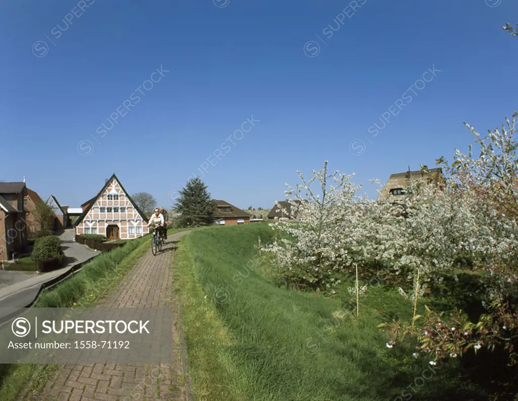Germany, Lower Saxony, of Alto Land, Residences, Lühedeich, cyclists,  Europe, buildings, houses, architecture, timbering architecture, timbered house...