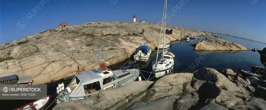 Sweden, Bohuslän, island Hallö,  Smögen, harbor, boats  Europe, Scandinavia, granite, granite rocks, rocks, coast, sea, rock coast, house, lighthouse,...