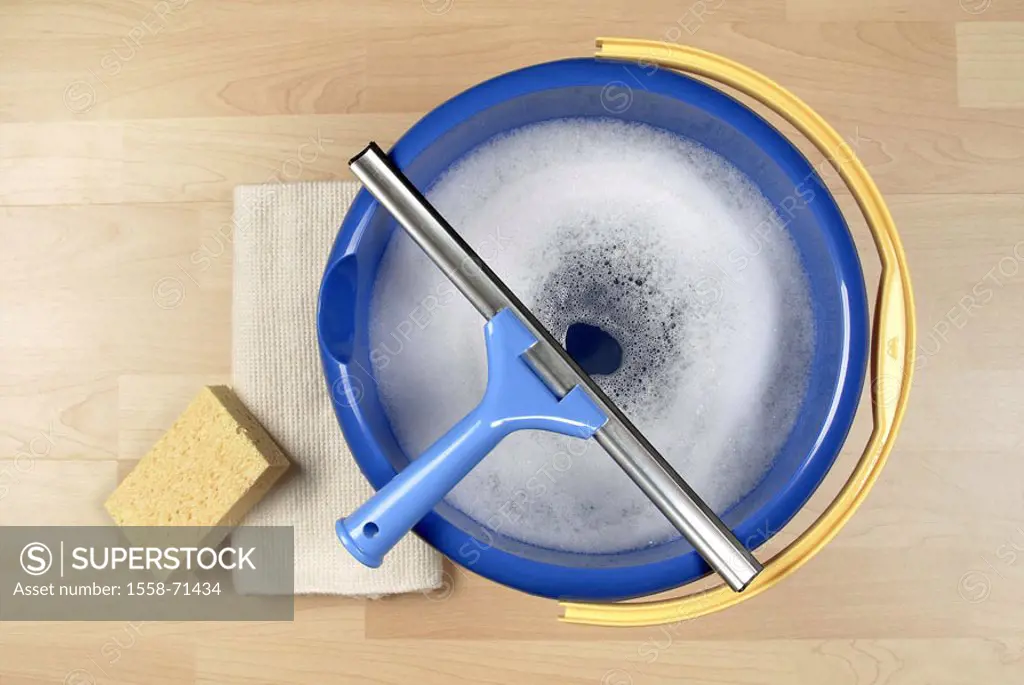 Floor, finery utensils blue, buckets, Sponge, cloth, Abzieher, from above  Laminatboden, finery sponge, cleans cleaning cleaning rags, finery buckets,...