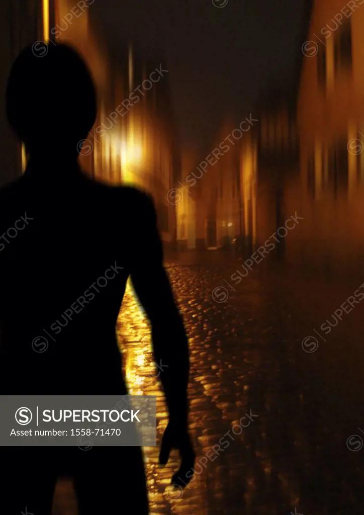Alley, silhouette, person, rain,  Night   Side street, streetlight, street, man, shadows, stand, waiting, waiting, waiting for, criminals, unrecognize...