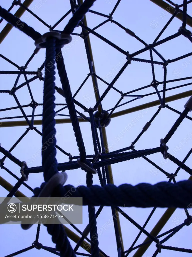 Framework, construction, steel ropes, detail, from below   Klettergerüst, ropes, steel ropes, connected, network, ascent, descent, advancement, loadin...