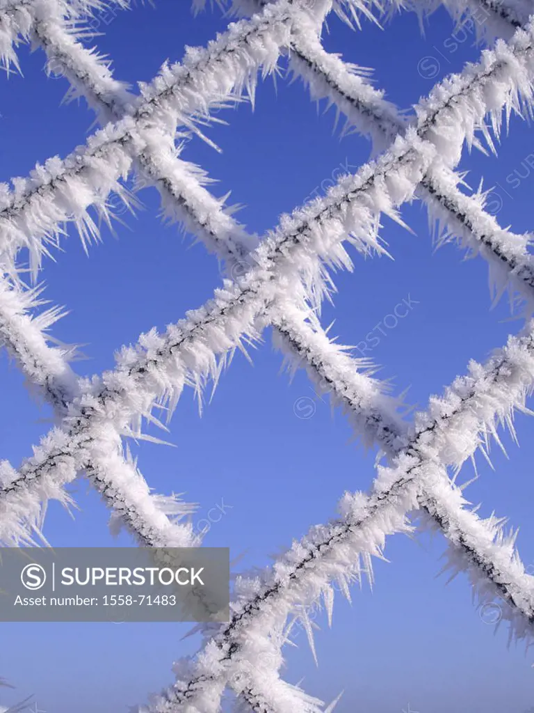 Stitch wire fence, freezes over, detail   Fence, stitch wire, wire, wire fence, ice crystals, icy, ice, ring, hoarfrost, icicles, frost, frozen, bizar...