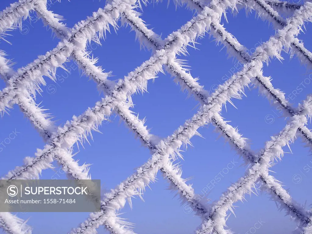 Stitch wire fence, freezes over, detail   Fence, stitch wire, wire, wire fence, ice crystals, icy, ice, ring, hoarfrost, icicles, frost, frozen, bizar...