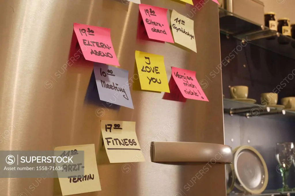 Refrigerator, note papers,   Refrigerator door, papers, notes, custody notes, Post-it, dates, date planning, planning, timing, time management, time, ...