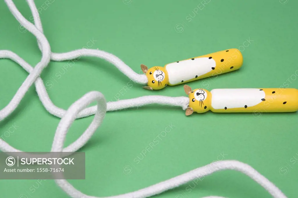 Jump rope, wood grips, cat form   Child jump rope, rope, grips, cats, sport appliance, sport, fitness, fun, concept, movement, jumps, coordination, le...