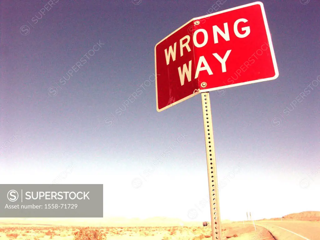USA, landscape, Highway, sign, ´Wrong way´  Street, street sign, traffic sign, sign, Prohibition sign, hint, information, prohibition, warning,  Confu...