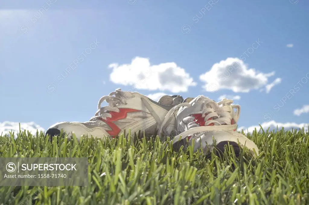 Meadow, gym shoes, cloud heavens   Grass, shoes, sneakers, back light, symbol, Taken off sport, Joggingschuhe, forgets,  discarded abandons, quietly l...