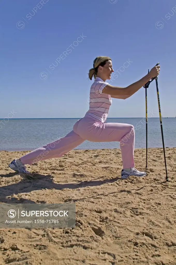 Beach, woman, Nordic Walking,  Cancellation step, sticks, Dehnübung,  on the side Series, 39 years, 30-40 years, cheerfully, smiling, clothing, athlet...