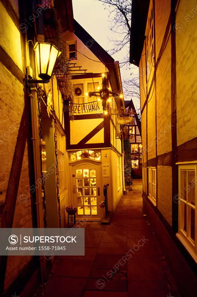 Germany, Bremen, Schnoorviertel,  old town alley, illumination,  Twilight Series, Europe, Northern Germany, Hanseatic town, old town, alley, houses, b...
