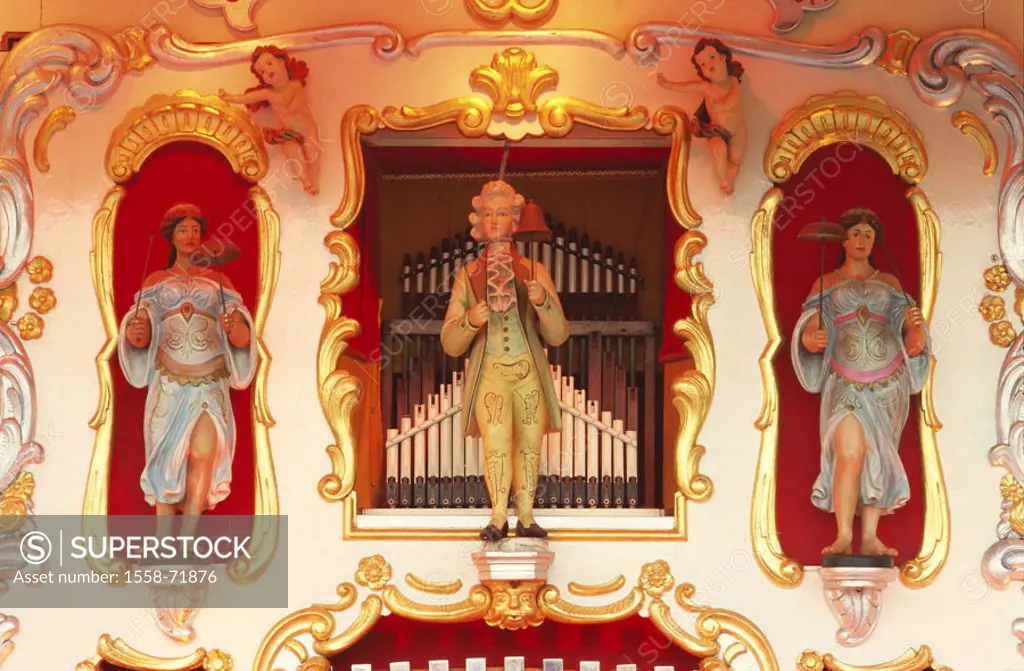 Organ, figures, ornamentation, nostalgic   Music instrument, instrument, organ pipes, whistles, Pfeifwerk, decorates, gilds, splendidly, illumination,...