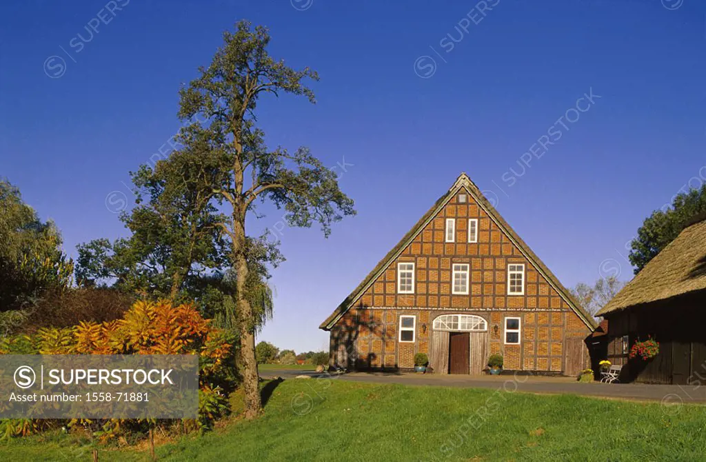 Germany, Bremen, Blockland,  Wümmedeich, farmhouse, garden  Europe, Northern Germany, house, residence, timbered house, timbering architecture, brick ...