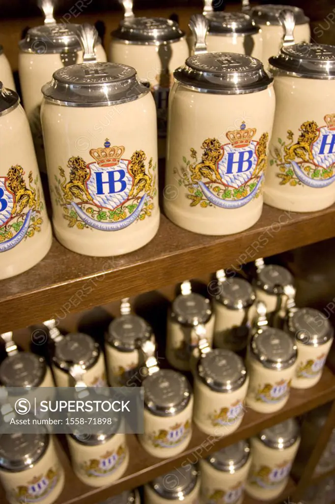 Germany, Bavaria, Munich,  Hofbräuhaus, souvenirs,  Beer mugs Southern Germany, Upper Bavaria, landmarks, Traidition, sight, inn, gastronomy, sale, ju...