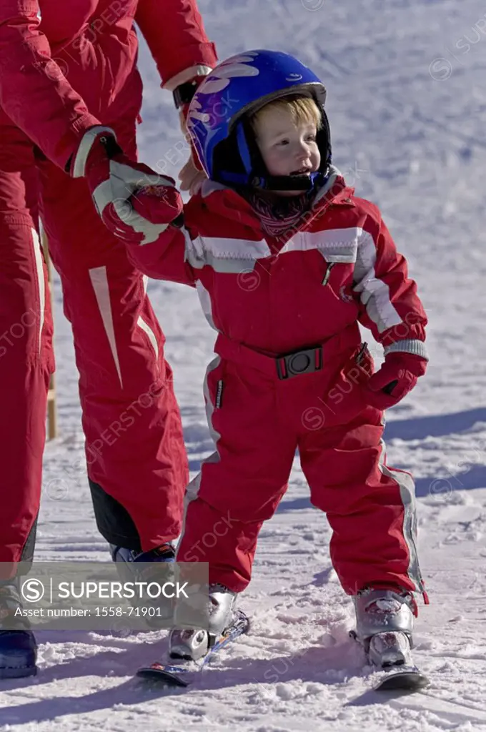 Skipiste, boy, skiing, ski instructors, Support  Sport, winter sport, beginners, child, toddler, helmet, skiing gear, ski suit, red, winter clothing, ...