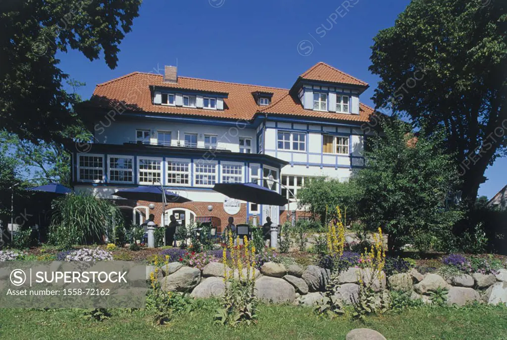 Germany, Mecklenburg-Western Pomerania,  Island Hiddensee, cloister, hotel, Restaurant terrace, park, Baltic sea, Baltic sea bath, sea resort, nationa...