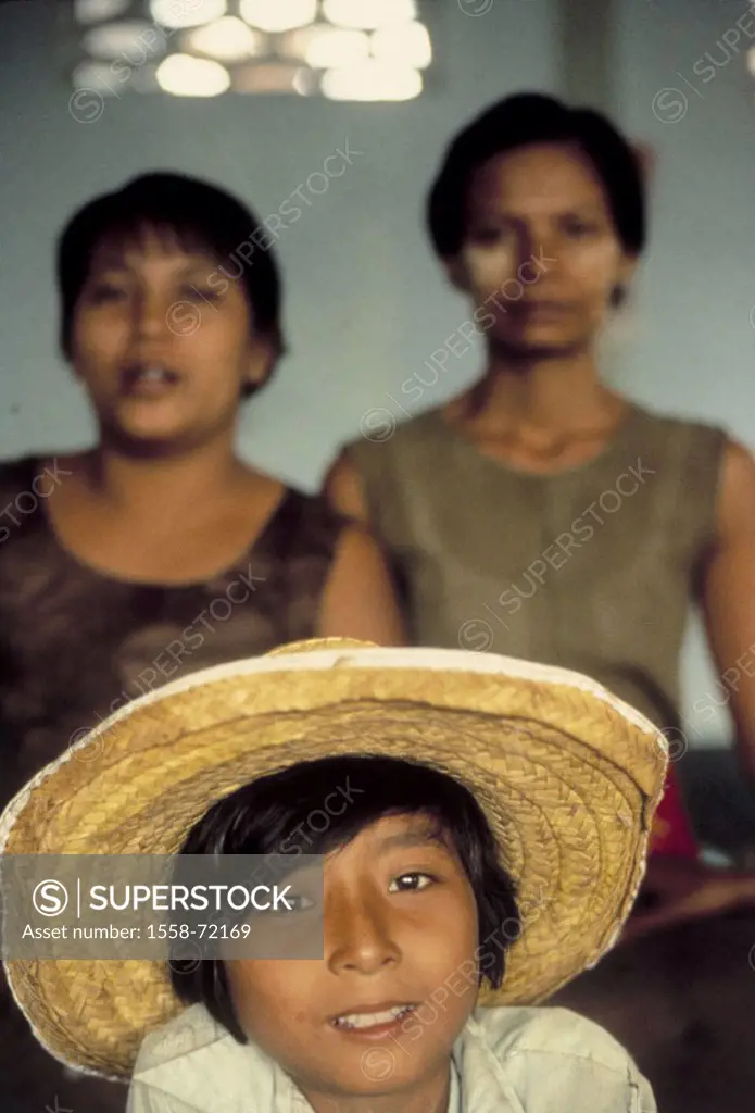 Myanmar, Pegu, women, boy, Straw hat, portrait, Native, child, 10-15 years, teenagers, hat, sunhat, headgear, gaze camera, naturalness, interior