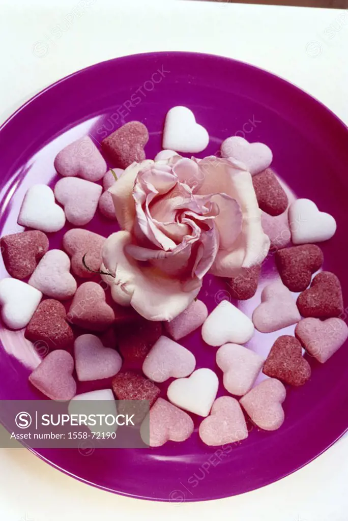 Plates, rose bloom, sugar hearts, pink,   Birthday, Valentine´s day, mother day, surprise, gift, symbol, love, falls in love, affection, spoiling, gra...