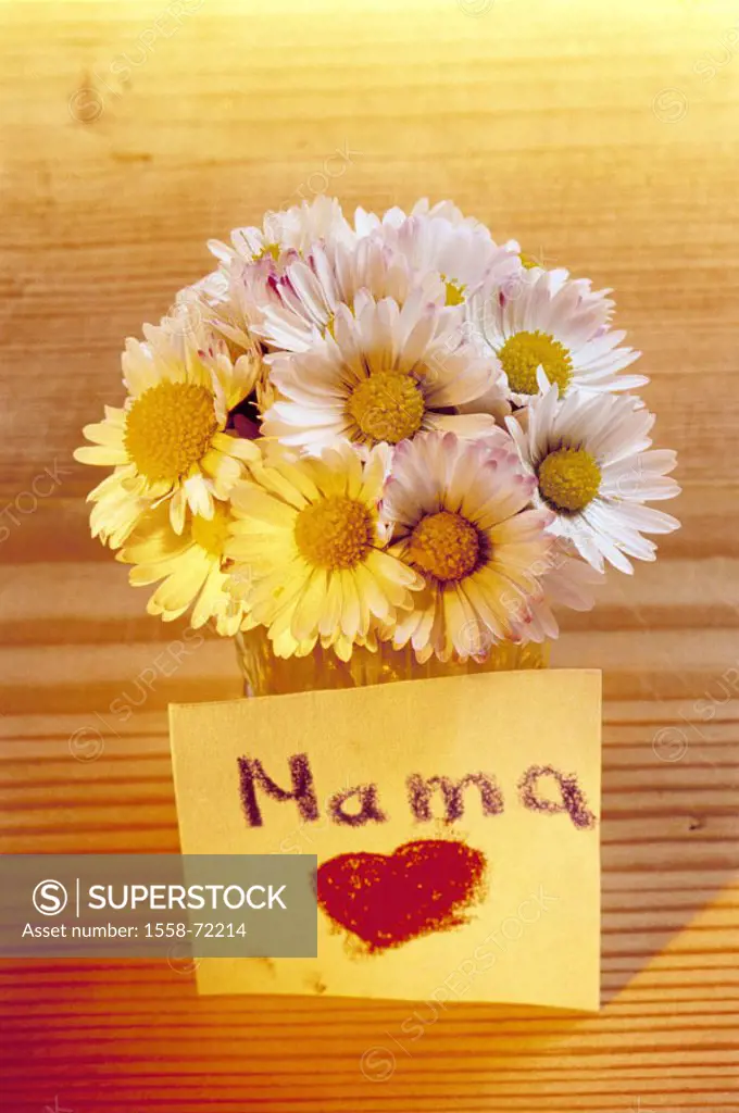 Table, vase, daisy, sign,  Child drawing, heart, stroke  ´Mommy´ Mother day, birthday, Valentine´s day, surprise, gift, flowers, flower bouquet, symbo...