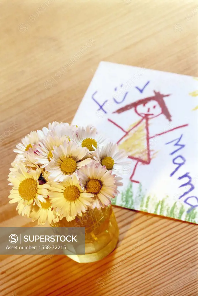 Table, vase, daisy, sign,  Child drawing, stroke,  ´for mommy´ Mother day, birthday, Valentine´s day, surprise, gift, flowers, flower bouquet, symbol,...
