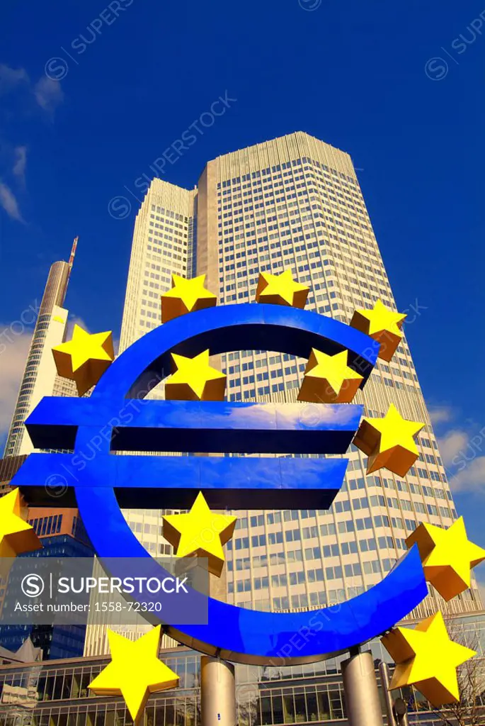 Germany, Hesse, Frankfurt on the Main,  Bank buildings, ´Euro tower´, Euro signs  Series, Europe, metropolis, city center, bank quarter, European cent...