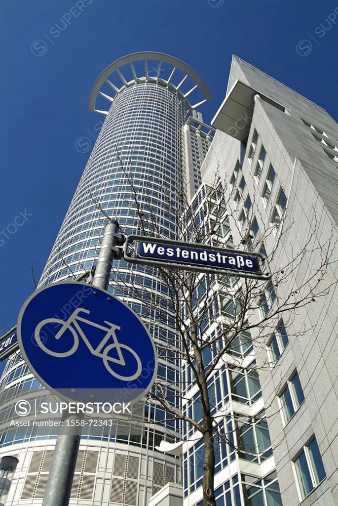 Germany, Hesse, Frankfurt on the Main, West final tower, from below, Straßenschild,  Westendstraße, Radweg, Europe, metropolis, Main metropolis, finan...