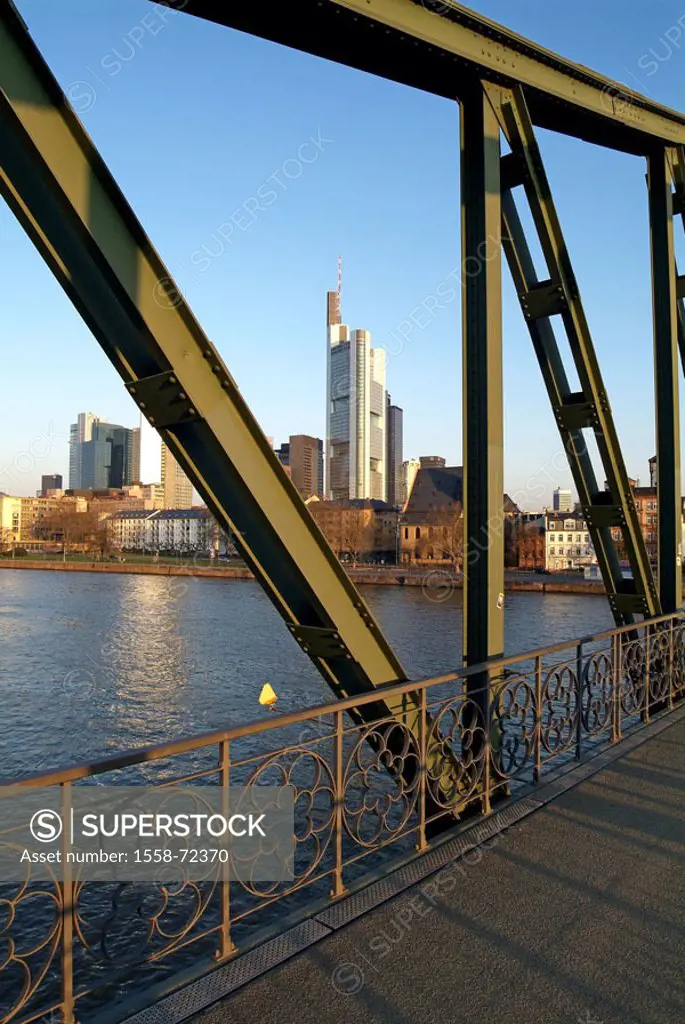 Germany, Hesse, Frankfurt on the Main, Main bridge, detail, Commerzbank Tower Europe, city, Main metropolis, metropolis, sight, ´iron bridge´, bridge,...