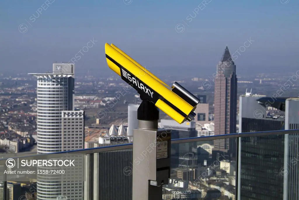 Germany, Hesse, Frankfurt on the Main, view over the city, west final tower, office  Center FBC, fair tower, Trianon, binoculars, Europe, city, financ...
